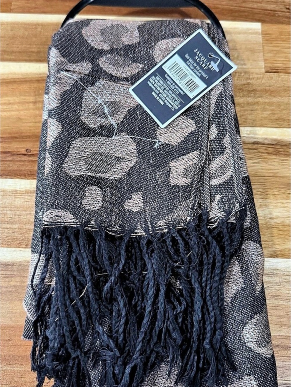 West Loop Jacquard Scarf Black Bronze Floral Fringe NWT
